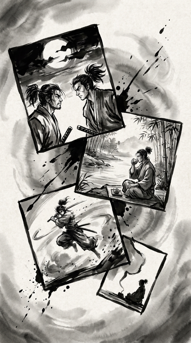 Manga scenes unfolding in ink